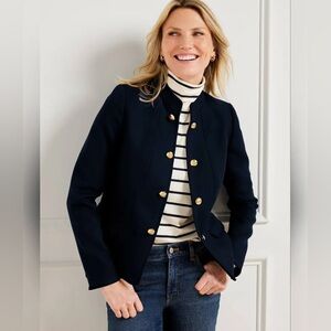 Talbots navy blue military jacket blazer with gold buttons and a red lining
